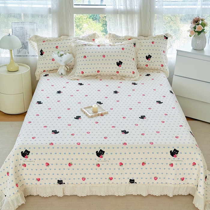 添越家纺2025新款纯棉砂洗床盖三件套四件套系列 甜心小猫