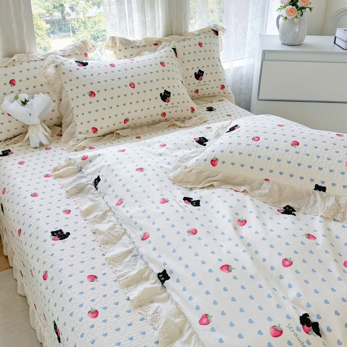 91家纺网 家纺一手货源 找家纺 添越家纺2025新款纯棉砂洗床盖三件套四件套系列 甜心小猫