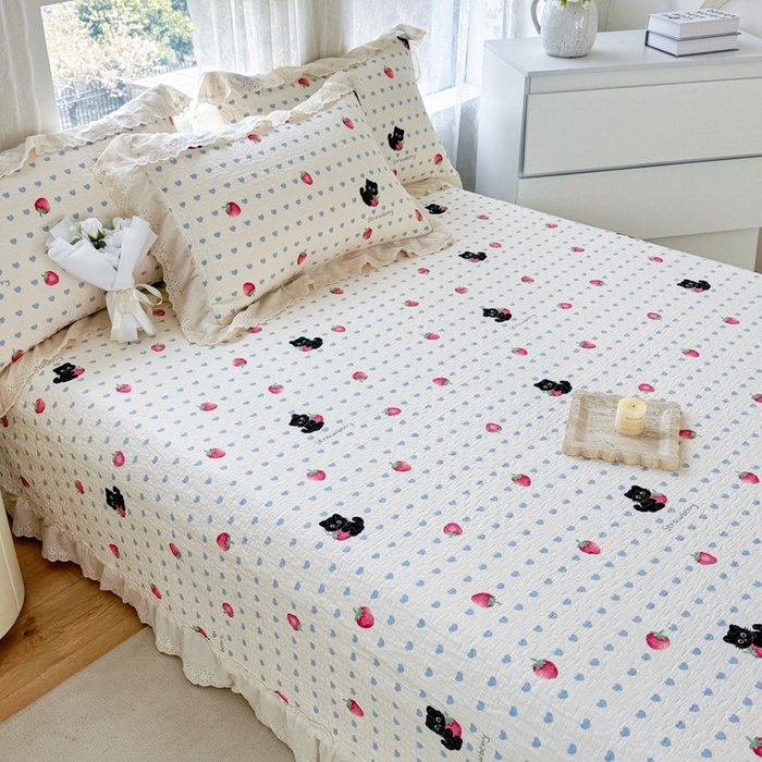 91家纺网 家纺一手货源 找家纺 添越家纺2025新款纯棉砂洗床盖三件套四件套系列 甜心小猫