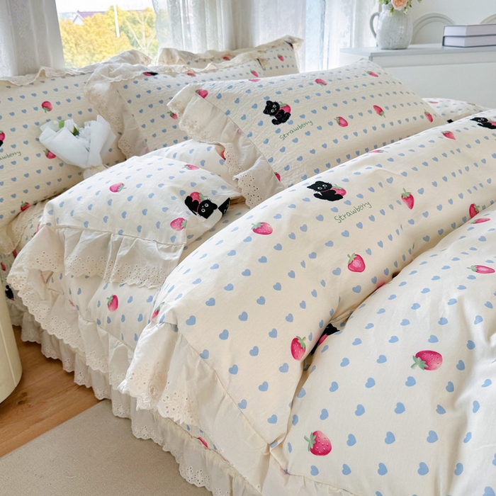 91家纺网 家纺一手货源 找家纺 添越家纺2025新款纯棉砂洗床盖三件套四件套系列 甜心小猫