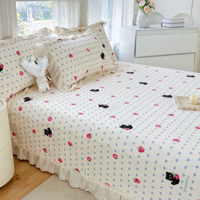 91家纺网 家纺一手货源 找家纺 添越家纺2025新款纯棉砂洗床盖三件套四件套系列 甜心小猫