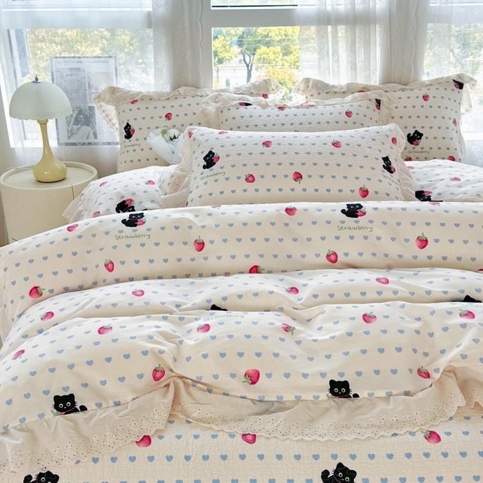 91家纺网 家纺一手货源 找家纺 添越家纺2025新款纯棉砂洗床盖三件套四件套系列 甜心小猫