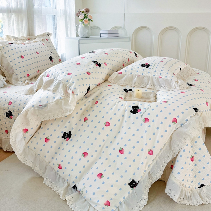 91家纺网 家纺一手货源 找家纺 添越家纺2025新款纯棉砂洗床盖三件套四件套系列 甜心小猫