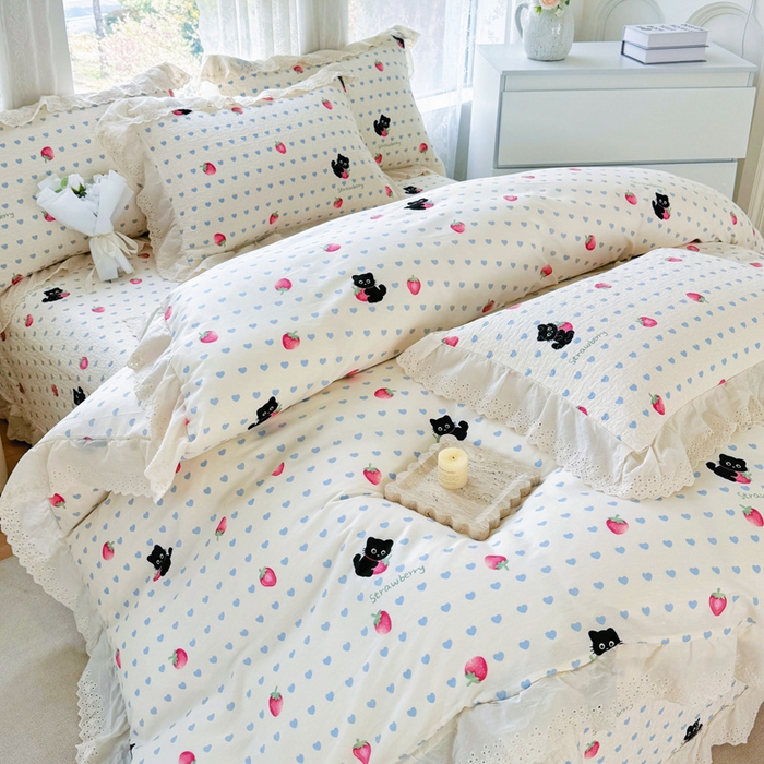 91家纺网 家纺一手货源 找家纺 添越家纺2025新款纯棉砂洗床盖三件套四件套系列 甜心小猫