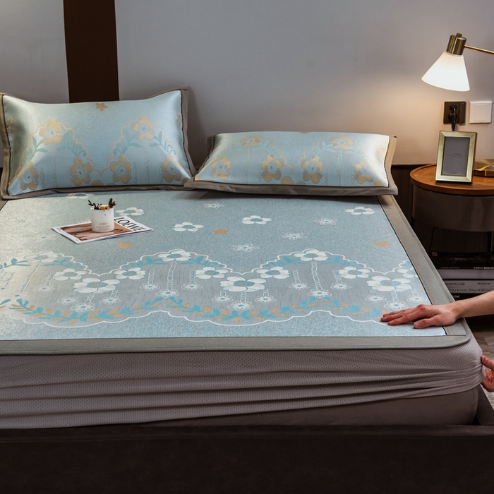 91家纺网 家纺一手货源 找家纺 全季家居 2025新款900D高精密三色纬提花冰丝凉席 床笠-静谧之夏