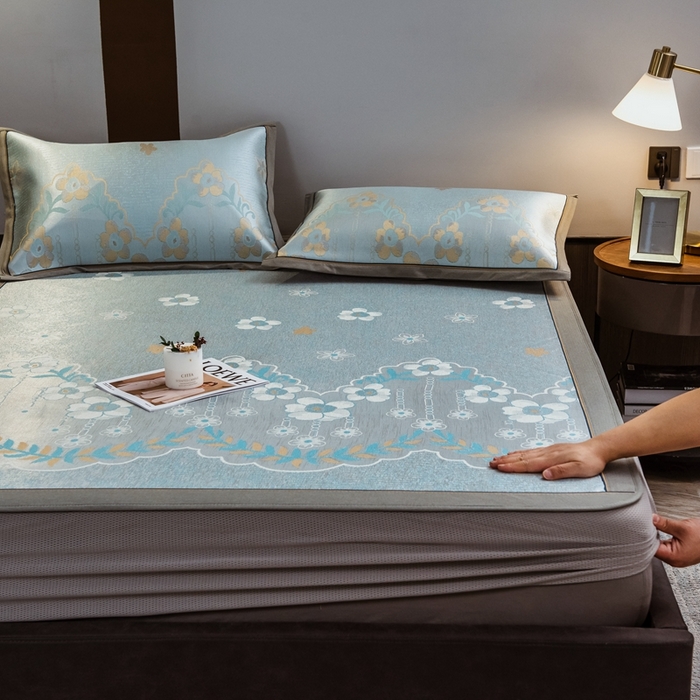 91家纺网 家纺一手货源 找家纺 全季家居 2025新款900D高精密三色纬提花冰丝凉席 床笠-静谧之夏