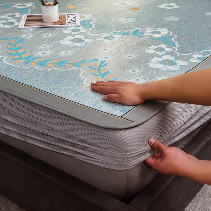 91家纺网 家纺一手货源 找家纺 全季家居 2025新款900D高精密三色纬提花冰丝凉席 床笠-静谧之夏