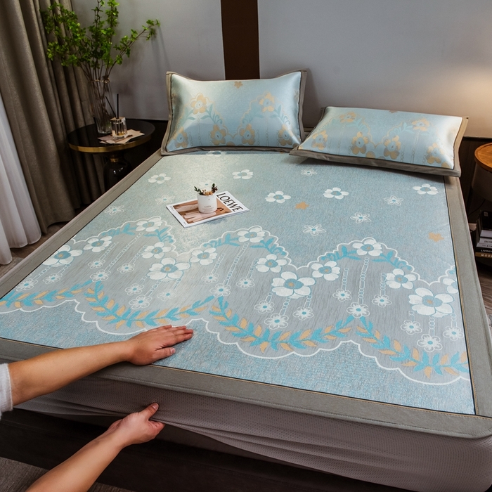 91家纺网 家纺一手货源 找家纺 全季家居 2025新款900D高精密三色纬提花冰丝凉席 床笠-静谧之夏