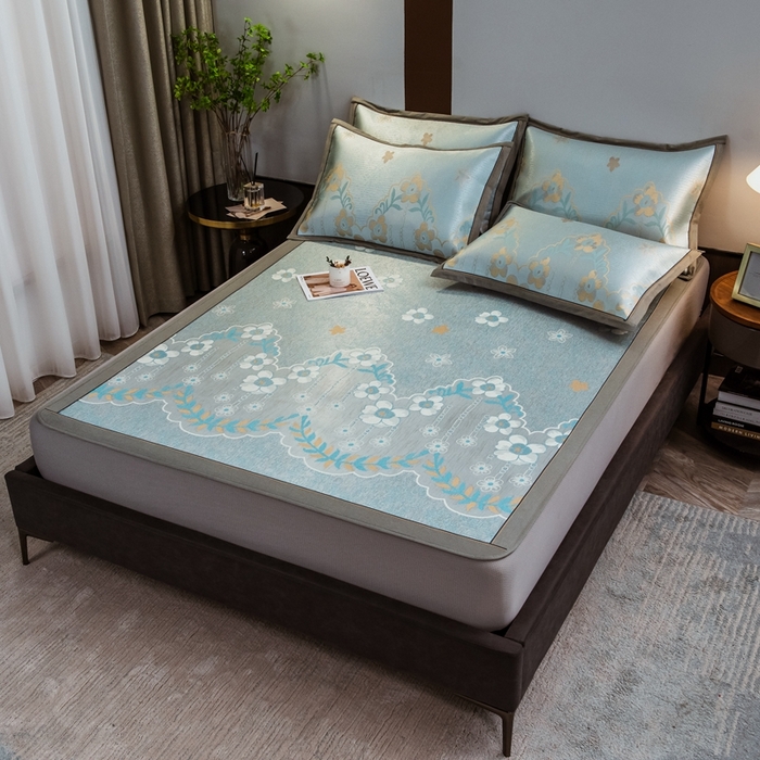 91家纺网 家纺一手货源 找家纺 全季家居 2025新款900D高精密三色纬提花冰丝凉席 床笠-静谧之夏