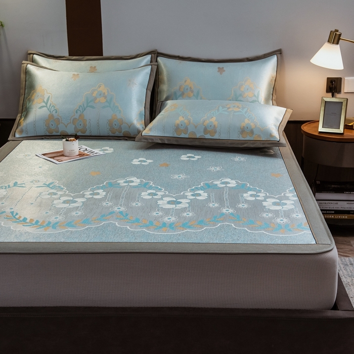 91家纺网 家纺一手货源 找家纺 全季家居 2025新款900D高精密三色纬提花冰丝凉席 床笠-静谧之夏