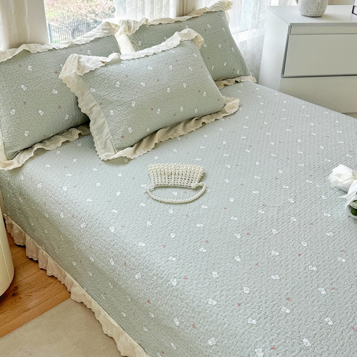 91家纺网 家纺一手货源 找家纺 添越家纺2025新款纯棉砂洗床盖三件套四件套系列 小布丁-绿