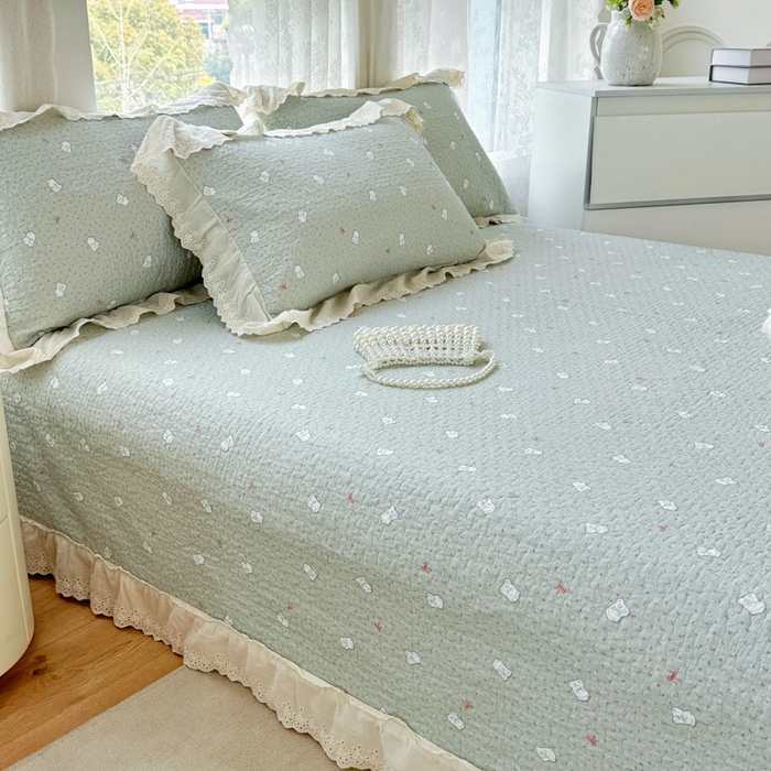 91家纺网 家纺一手货源 找家纺 添越家纺2025新款纯棉砂洗床盖三件套四件套系列 小布丁-绿