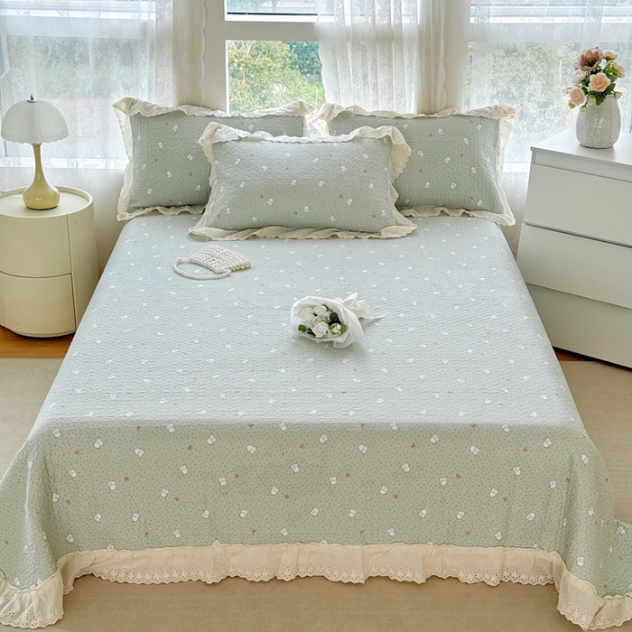 添越家纺2025新款纯棉砂洗床盖三件套四件套系列 小布丁-绿