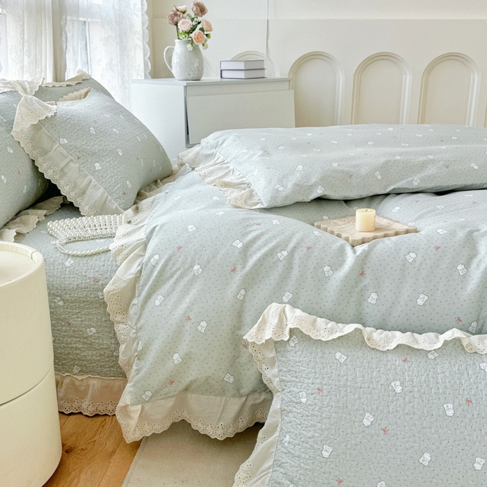 91家纺网 家纺一手货源 找家纺 添越家纺2025新款纯棉砂洗床盖三件套四件套系列 小布丁-绿