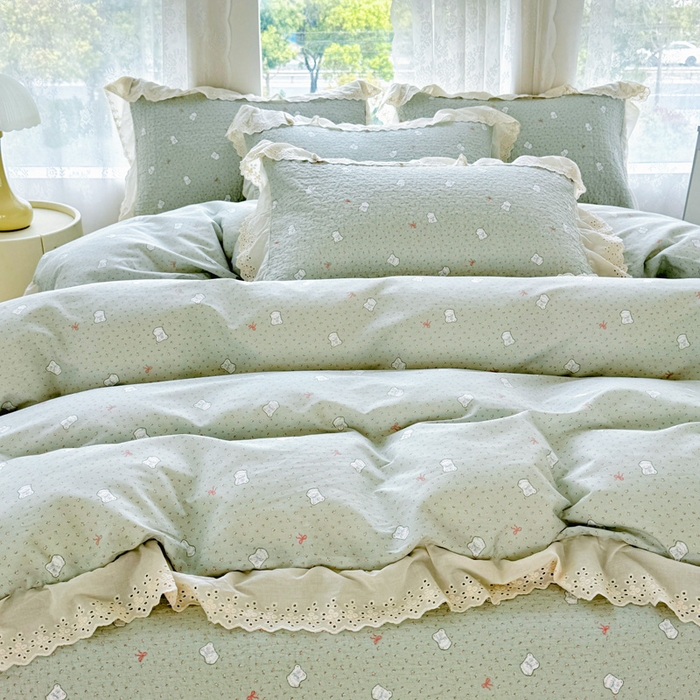 91家纺网 家纺一手货源 找家纺 添越家纺2025新款纯棉砂洗床盖三件套四件套系列 小布丁-绿