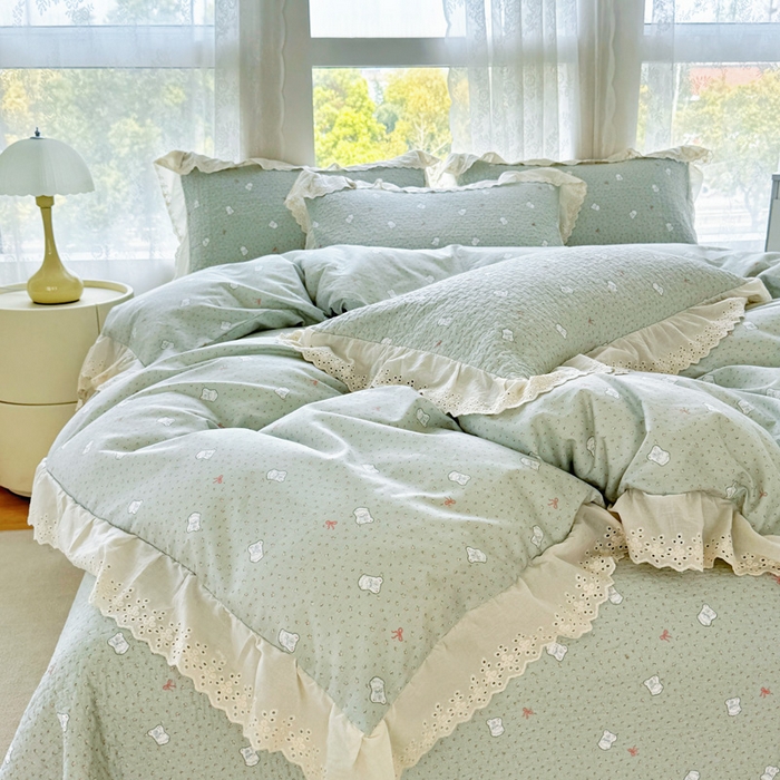 91家纺网 家纺一手货源 找家纺 添越家纺2025新款纯棉砂洗床盖三件套四件套系列 小布丁-绿