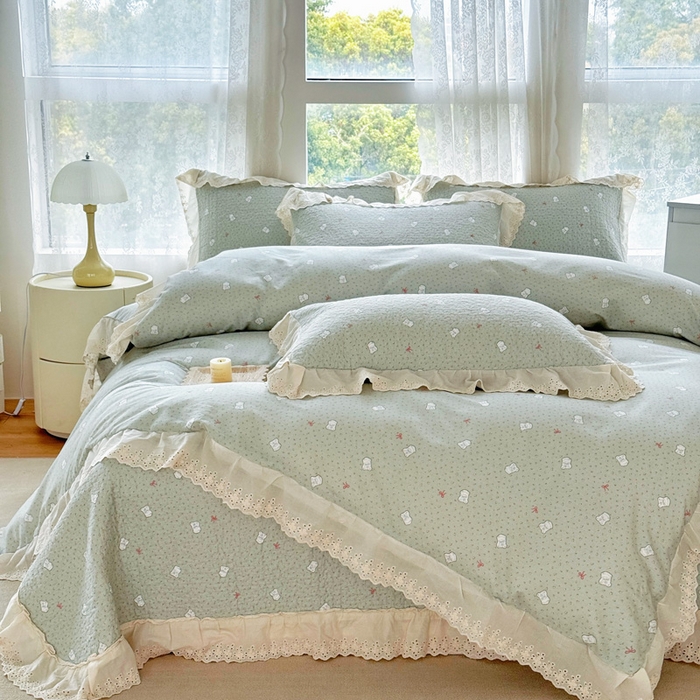 91家纺网 家纺一手货源 找家纺 添越家纺2025新款纯棉砂洗床盖三件套四件套系列 小布丁-绿