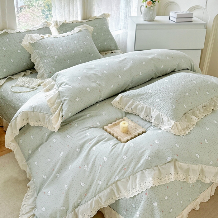 91家纺网 家纺一手货源 找家纺 添越家纺2025新款纯棉砂洗床盖三件套四件套系列 小布丁-绿