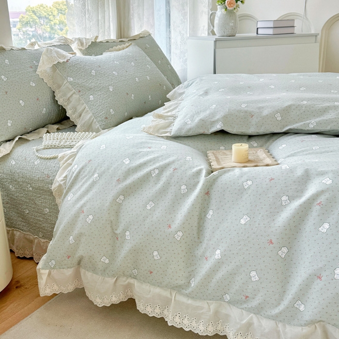 91家纺网 家纺一手货源 找家纺 添越家纺2025新款纯棉砂洗床盖三件套四件套系列 小布丁-绿