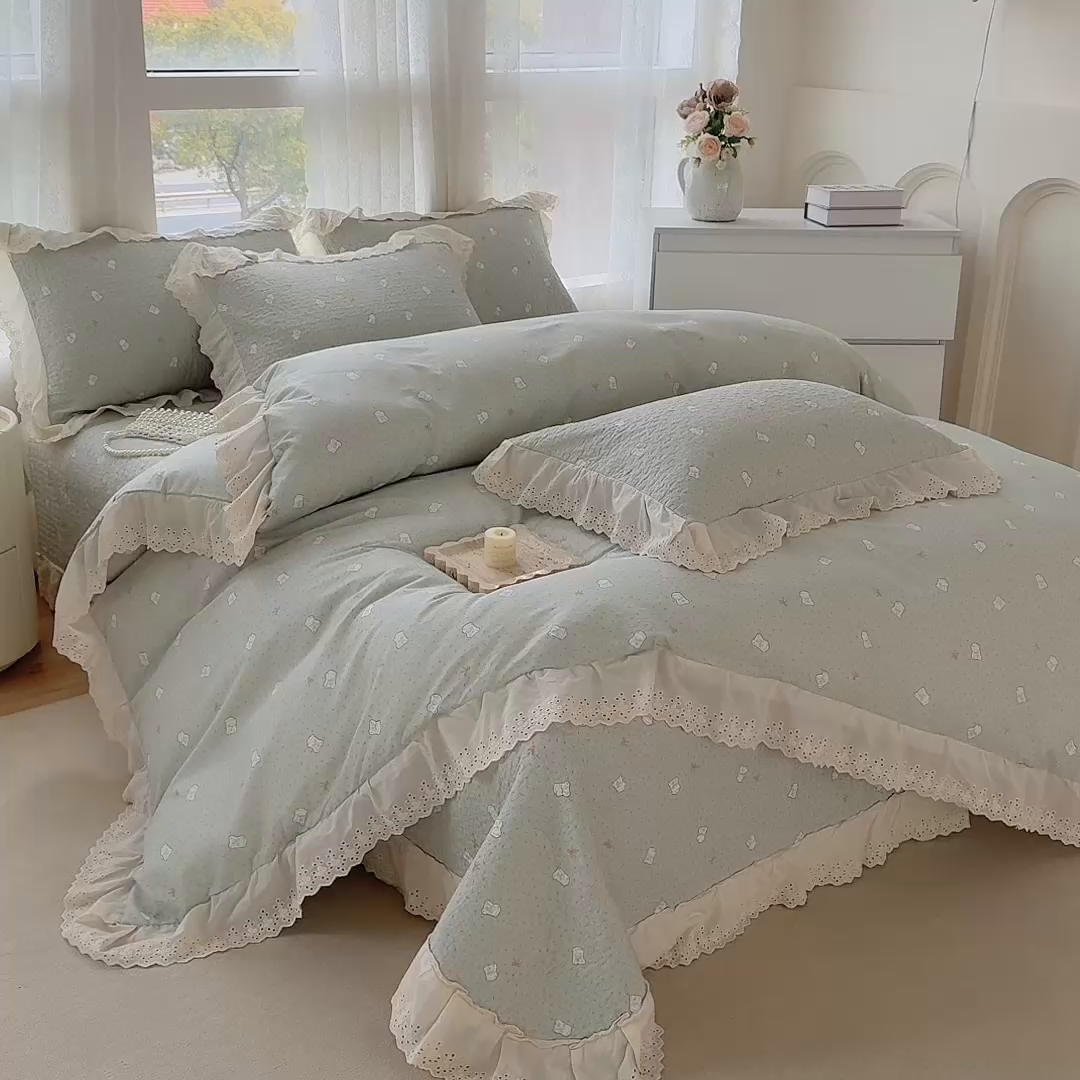 91家纺网 家纺一手货源 找家纺 添越家纺2025新款纯棉砂洗床盖三件套四件套系列 小布丁-绿