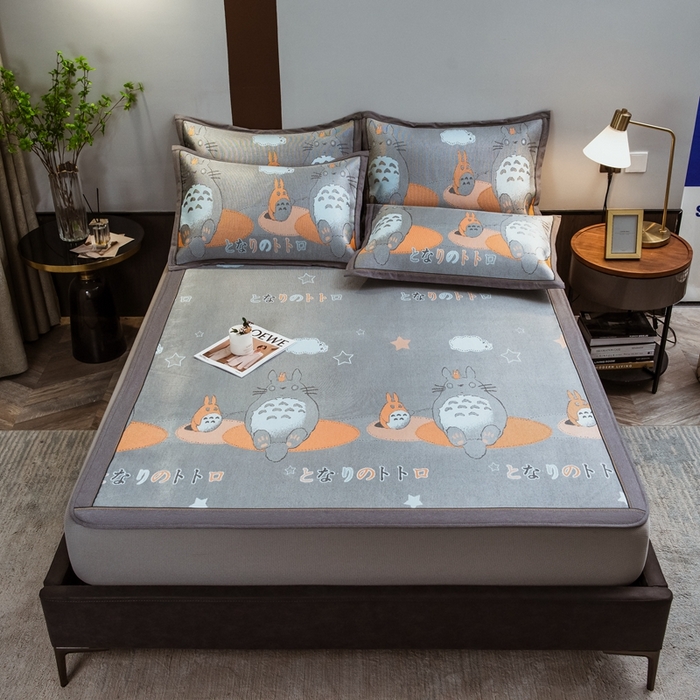 91家纺网 家纺一手货源 找家纺 全季家居 2025新款900D高精密三色纬提花冰丝凉席 床笠-龙小猫-黄