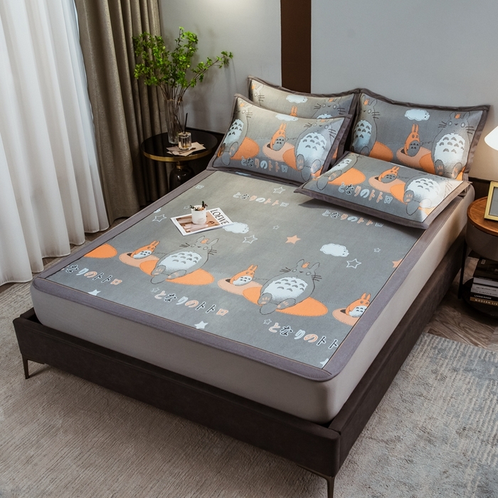 91家纺网 家纺一手货源 找家纺 全季家居 2025新款900D高精密三色纬提花冰丝凉席 床笠-龙小猫-黄