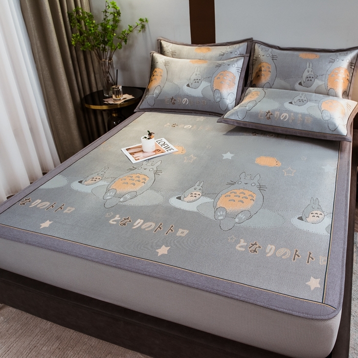 91家纺网 家纺一手货源 找家纺 全季家居 2025新款900D高精密三色纬提花冰丝凉席 床笠-龙小猫-灰