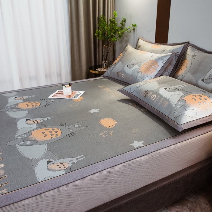 91家纺网 家纺一手货源 找家纺 全季家居 2025新款900D高精密三色纬提花冰丝凉席 床笠-龙小猫-灰