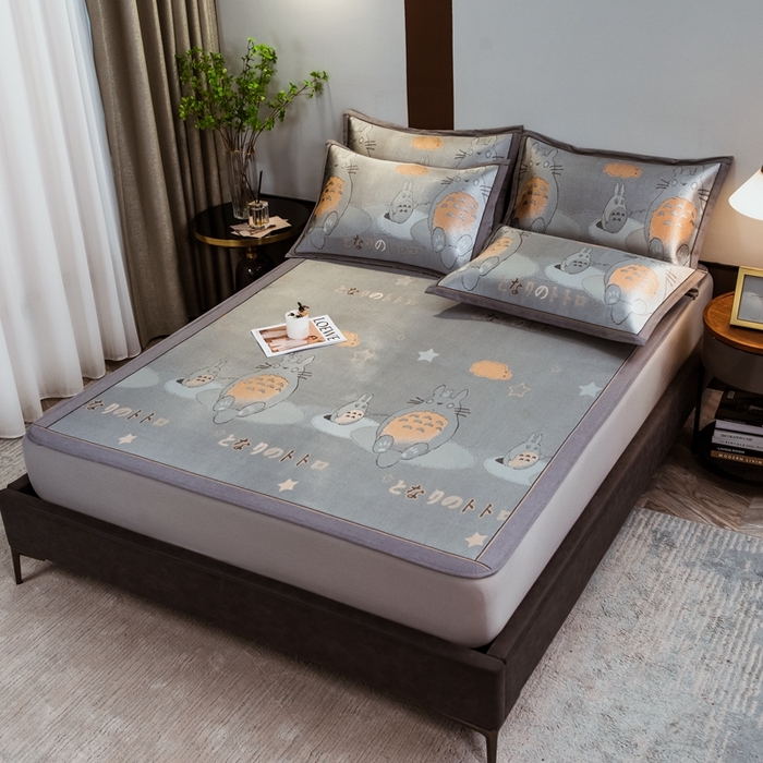 91家纺网 家纺一手货源 找家纺 全季家居 2025新款900D高精密三色纬提花冰丝凉席 床笠-龙小猫-灰