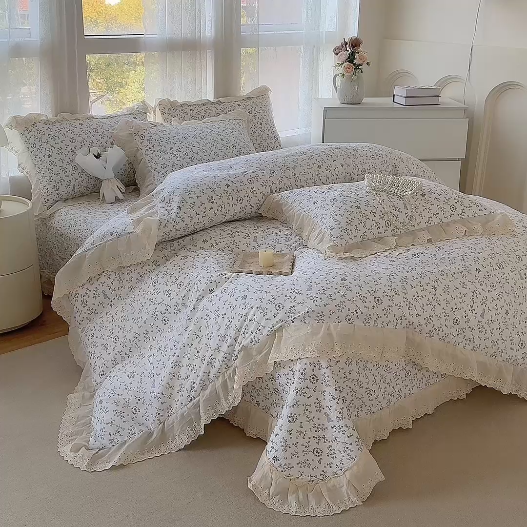 91家纺网 家纺一手货源 找家纺 添越家纺2025新款纯棉砂洗床盖三件套四件套系列 一枝如画