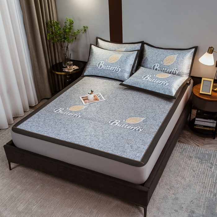 91家纺网 家纺一手货源 找家纺 全季家居 2025新款900D高精密三色纬提花冰丝凉席 床笠-羽叶