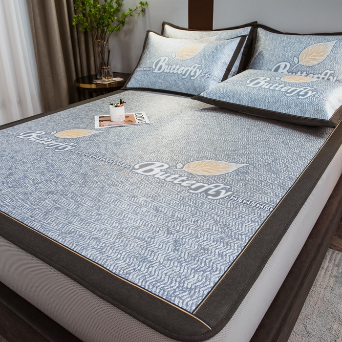 91家纺网 家纺一手货源 找家纺 全季家居 2025新款900D高精密三色纬提花冰丝凉席 床笠-羽叶