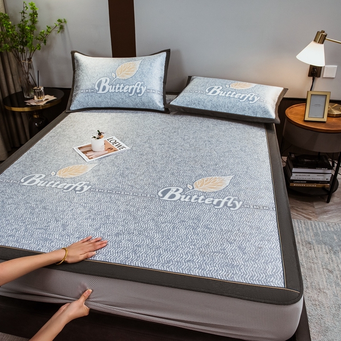 91家纺网 家纺一手货源 找家纺 全季家居 2025新款900D高精密三色纬提花冰丝凉席 床笠-羽叶