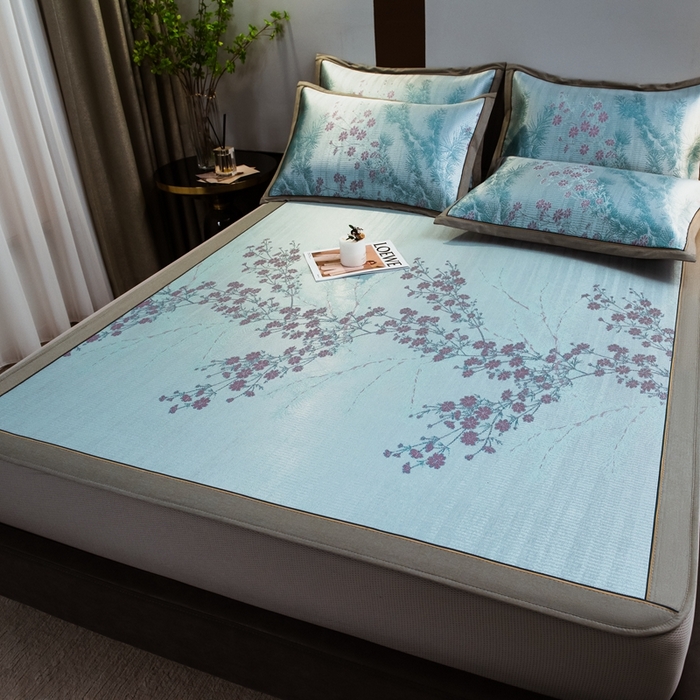 91家纺网 家纺一手货源 找家纺 全季家居 2025新款900D高精密三色纬提花冰丝凉席 床笠-枝头梅花