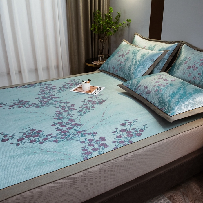 91家纺网 家纺一手货源 找家纺 全季家居 2025新款900D高精密三色纬提花冰丝凉席 床笠-枝头梅花