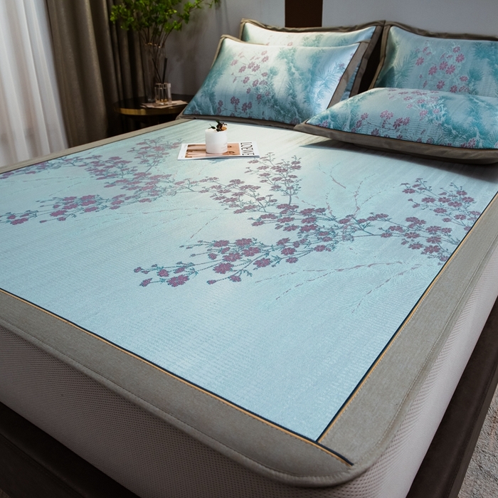 91家纺网 家纺一手货源 找家纺 全季家居 2025新款900D高精密三色纬提花冰丝凉席 床笠-枝头梅花