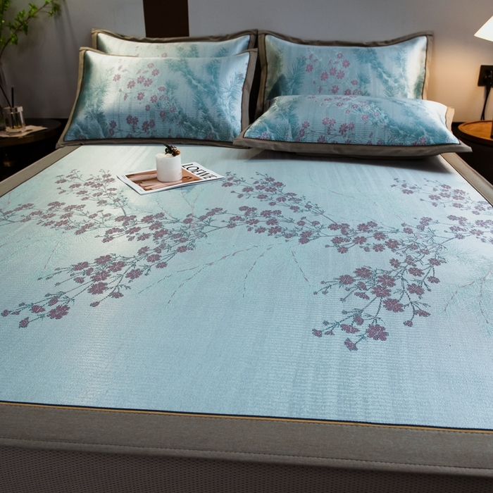 91家纺网 家纺一手货源 找家纺 全季家居 2025新款900D高精密三色纬提花冰丝凉席 床笠-枝头梅花
