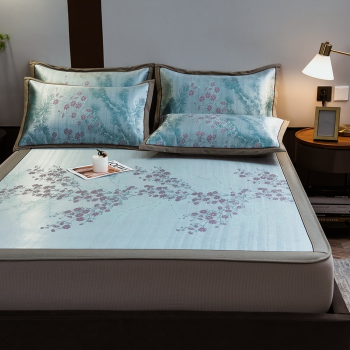 91家纺网 家纺一手货源 找家纺 全季家居 2025新款900D高精密三色纬提花冰丝凉席 床笠-枝头梅花