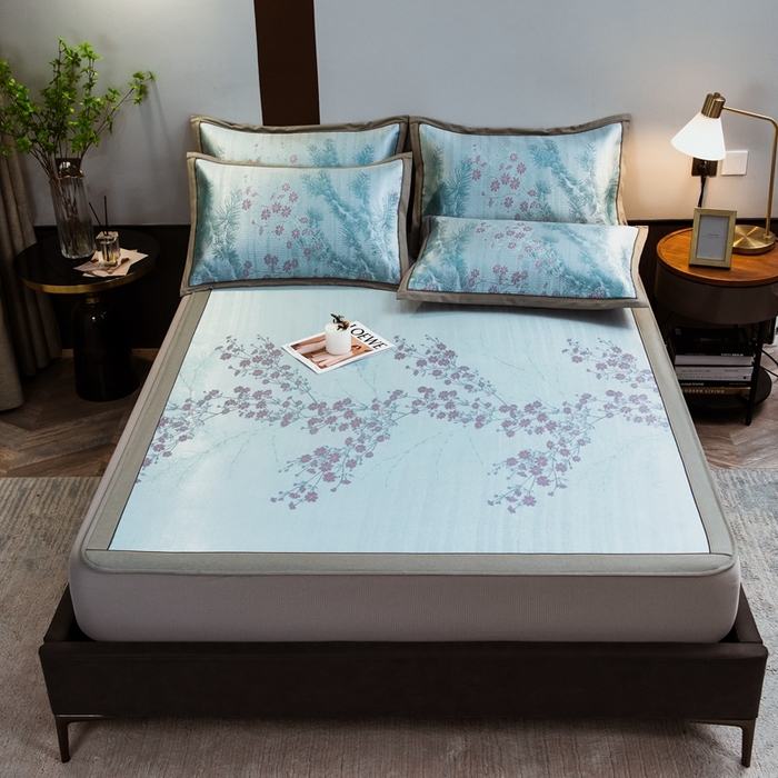 91家纺网 家纺一手货源 找家纺 全季家居 2025新款900D高精密三色纬提花冰丝凉席 床笠-枝头梅花