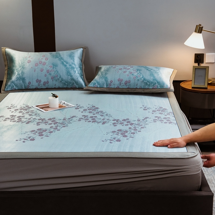 91家纺网 家纺一手货源 找家纺 全季家居 2025新款900D高精密三色纬提花冰丝凉席 床笠-枝头梅花