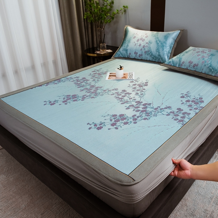 91家纺网 家纺一手货源 找家纺 全季家居 2025新款900D高精密三色纬提花冰丝凉席 床笠-枝头梅花