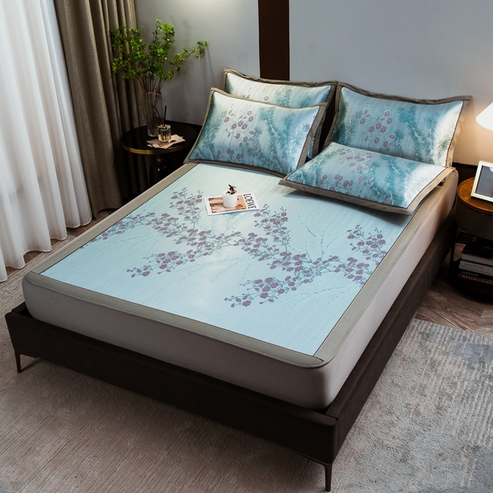 91家纺网 家纺一手货源 找家纺 全季家居 2025新款900D高精密三色纬提花冰丝凉席 床笠-枝头梅花