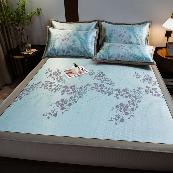 91家纺网 家纺一手货源 找家纺 全季家居 2025新款900D高精密三色纬提花冰丝凉席 床笠-枝头梅花