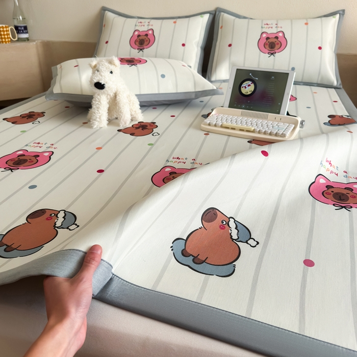 91家纺网 家纺一手货源 找家纺 （总）全季家居 2025新款日韩竖条风格卡通冰丝席