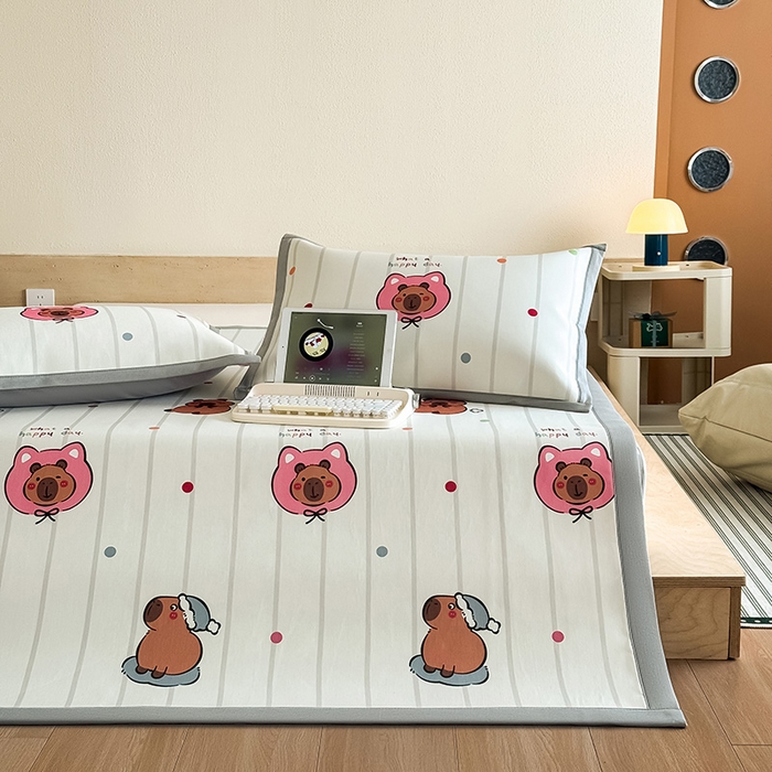 91家纺网 家纺一手货源 找家纺 （总）全季家居 2025新款日韩竖条风格卡通冰丝席