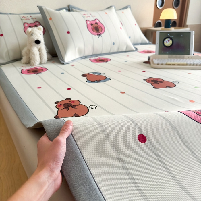 91家纺网 家纺一手货源 找家纺 （总）全季家居 2025新款日韩竖条风格卡通冰丝席