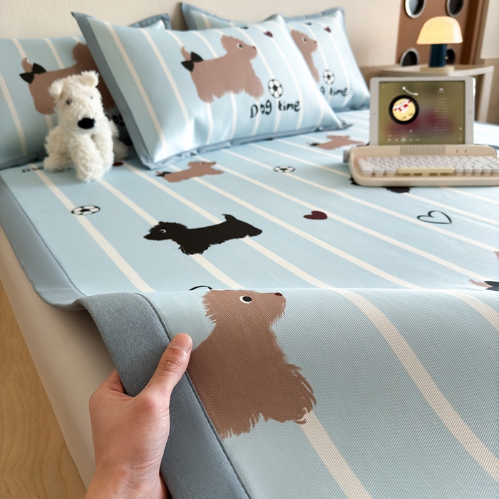 全季家居 2025新款日韩竖条风格卡通冰丝席 狗狗派对