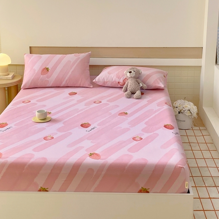 91家纺网 家纺一手货源 找家纺 慕尚家纺 2025新款全棉纯棉老粗布卡通床笠款凉席席子 草莓-粉