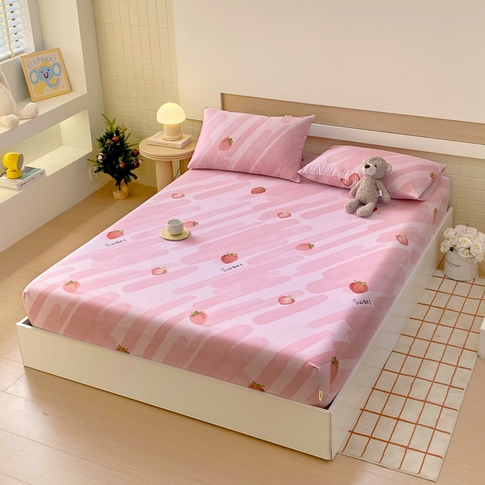 91家纺网 家纺一手货源 找家纺 慕尚家纺 2025新款全棉纯棉老粗布卡通床笠款凉席席子 草莓-粉