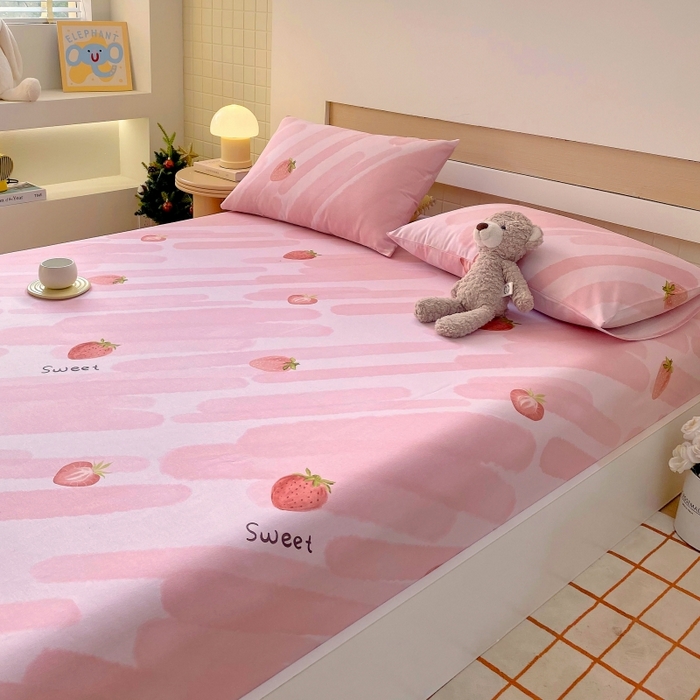 91家纺网 家纺一手货源 找家纺 慕尚家纺 2025新款全棉纯棉老粗布卡通床笠款凉席席子 草莓-粉